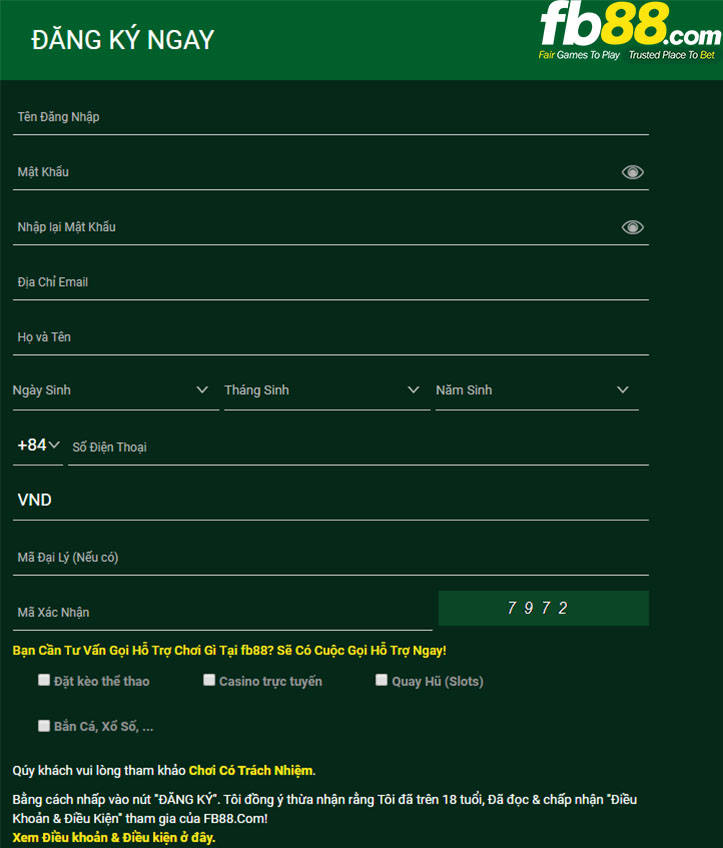 form đăng ký đăng nhập tài khoản fb88
