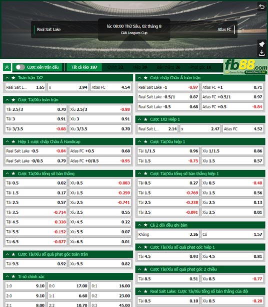 Fb88 tỷ lệ kèo trận đấu Salt Lake vs Atlas