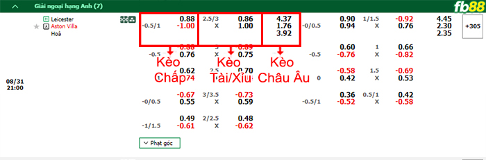 Fb88 bảng kèo trận đấu Leicester vs Aston Villa