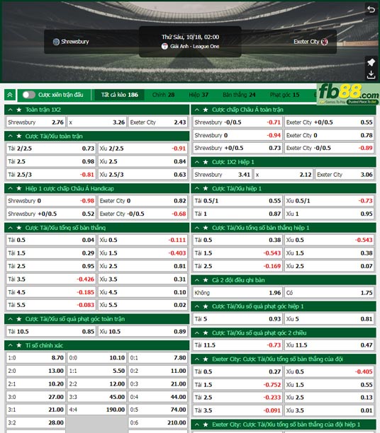 Fb88 tỷ lệ kèo trận đấu Shrewsbury Town vs Exeter City