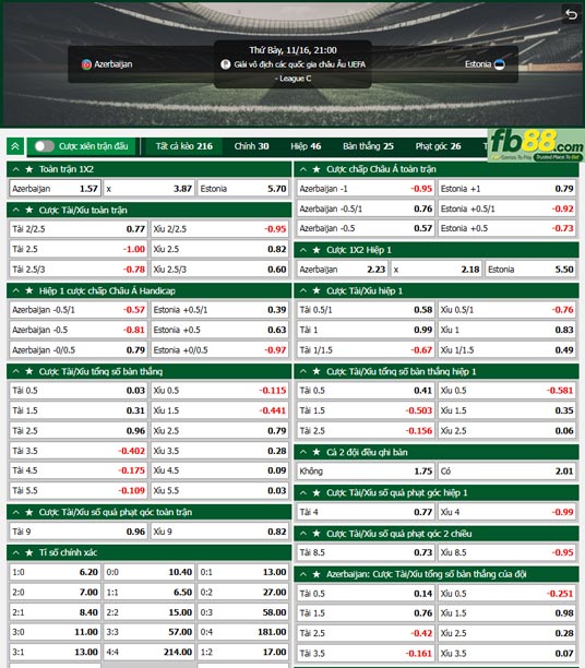 Fb88 tỷ lệ kèo trận đấu Azerbaijan vs Estonia