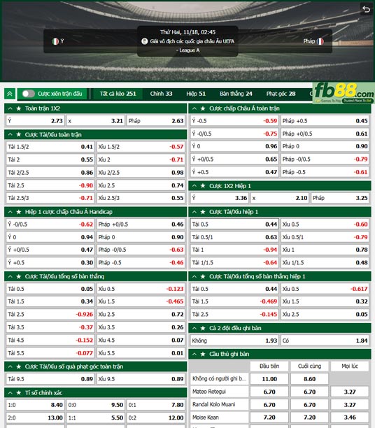 Fb88 tỷ lệ kèo trận đấu Italia vs Pháp